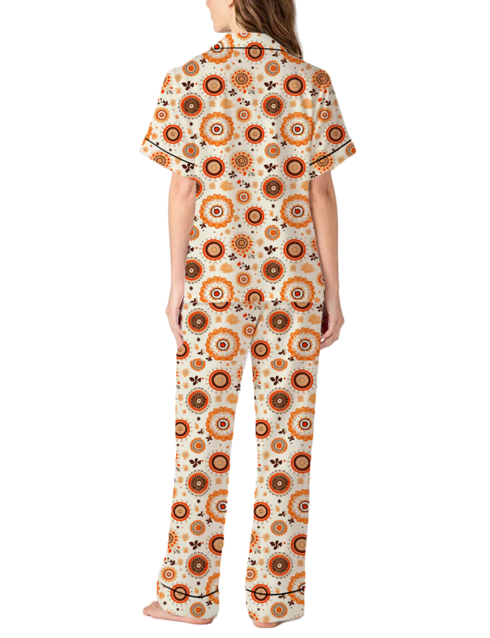 Tan Suzani Pattern Silky Satin Pajama Pants Set For Women