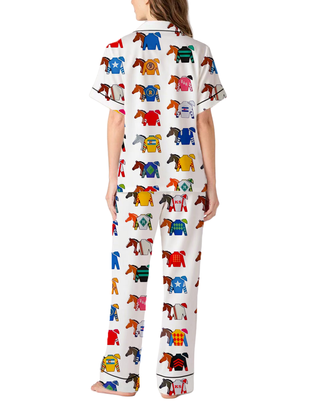 Kentucky Derby Contenders Colorful Jockey Horse Racing Silky Satin Pajama Pants Set For Women
