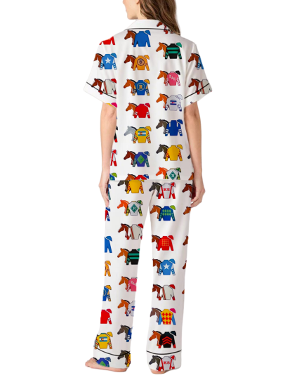 Kentucky Derby Contenders Colorful Jockey Horse Racing Silky Satin Pajama Pants Set For Women