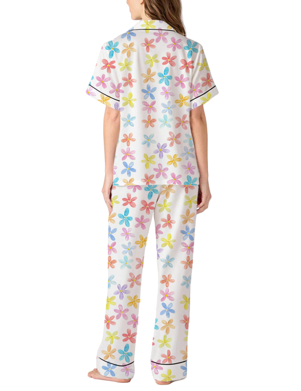 Colorful Small Flower Silky Satin Pajama Pants Set For Women