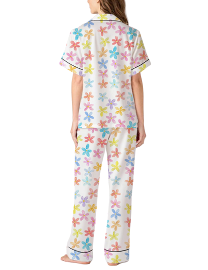 Colorful Small Flower Silky Satin Pajama Pants Set For Women