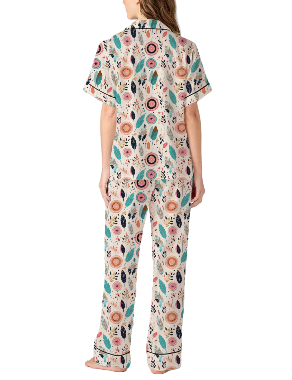 Bohemian Style Pattern Silky Satin Pajama Pants Set For Women