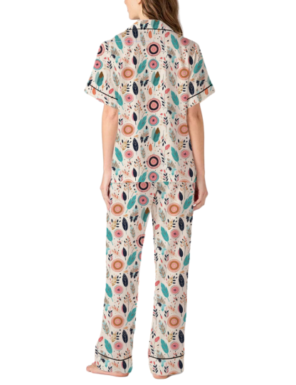 Bohemian Style Pattern Silky Satin Pajama Pants Set For Women