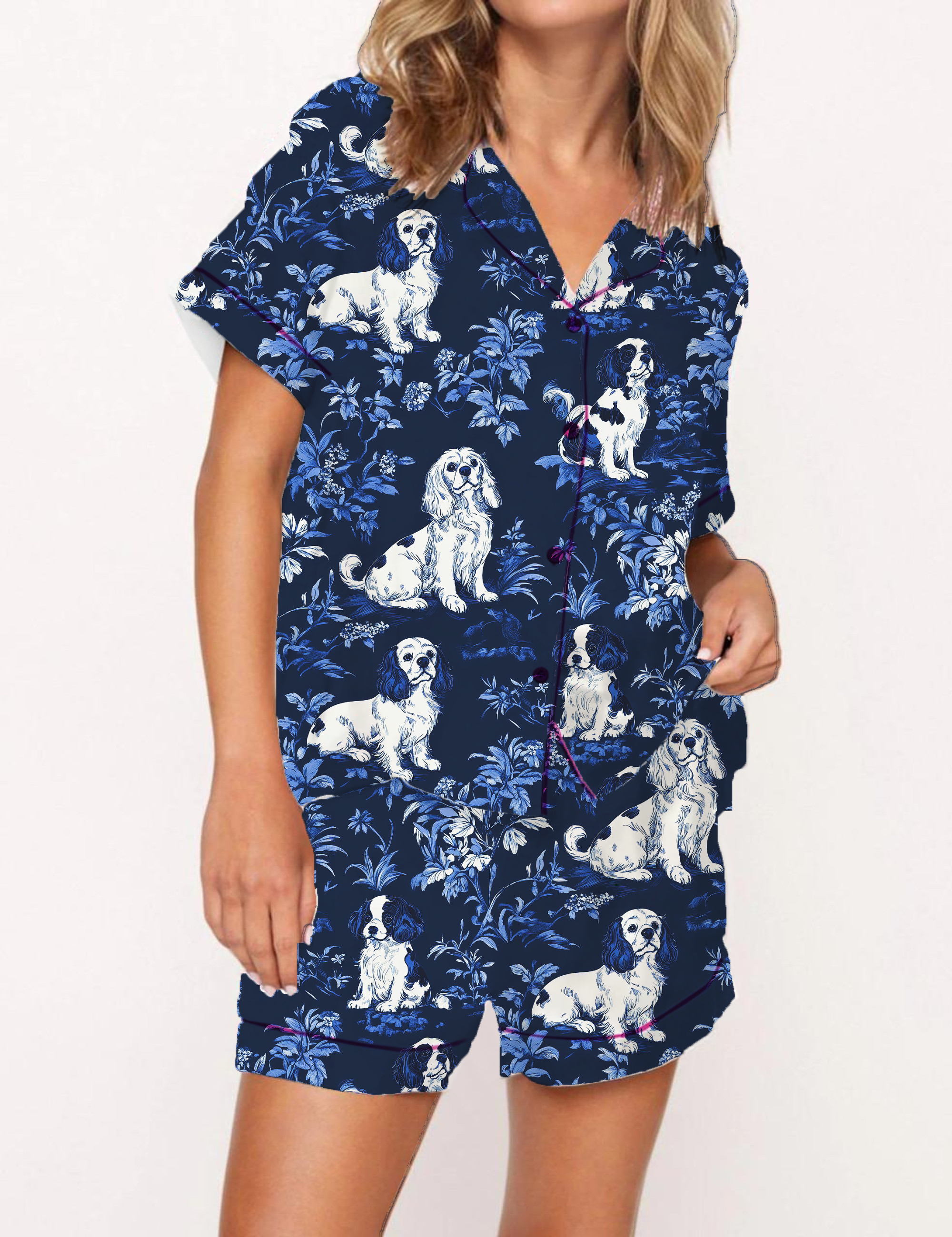 Cavalier King Charles Spaniel Silky Satin Pajama Short Set For Women