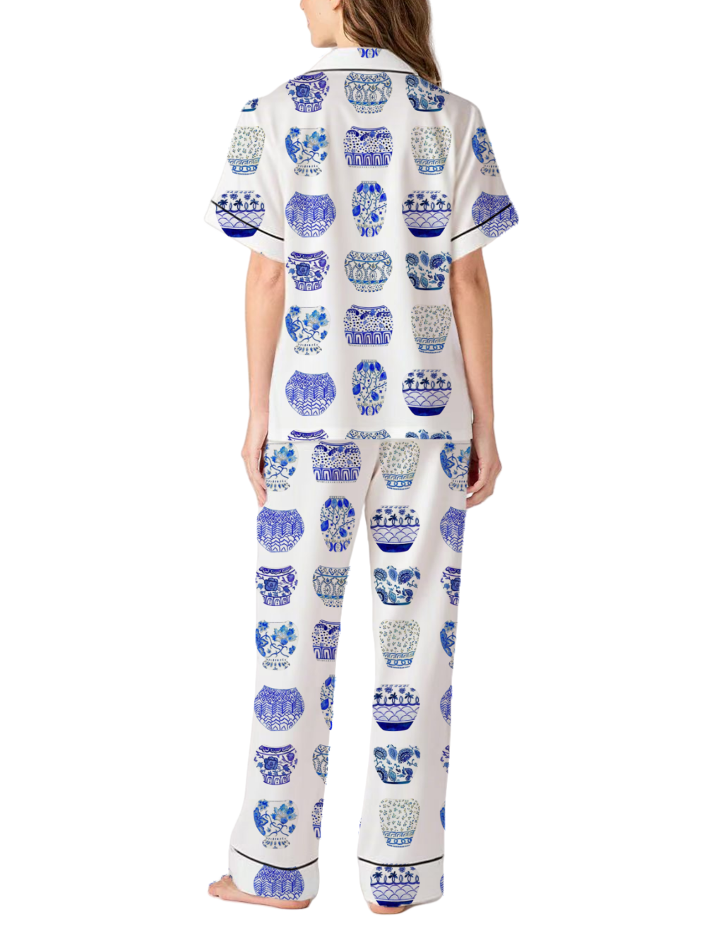 Blue and White Ginger Jar Silky Satin Pajama Pants Set For Women