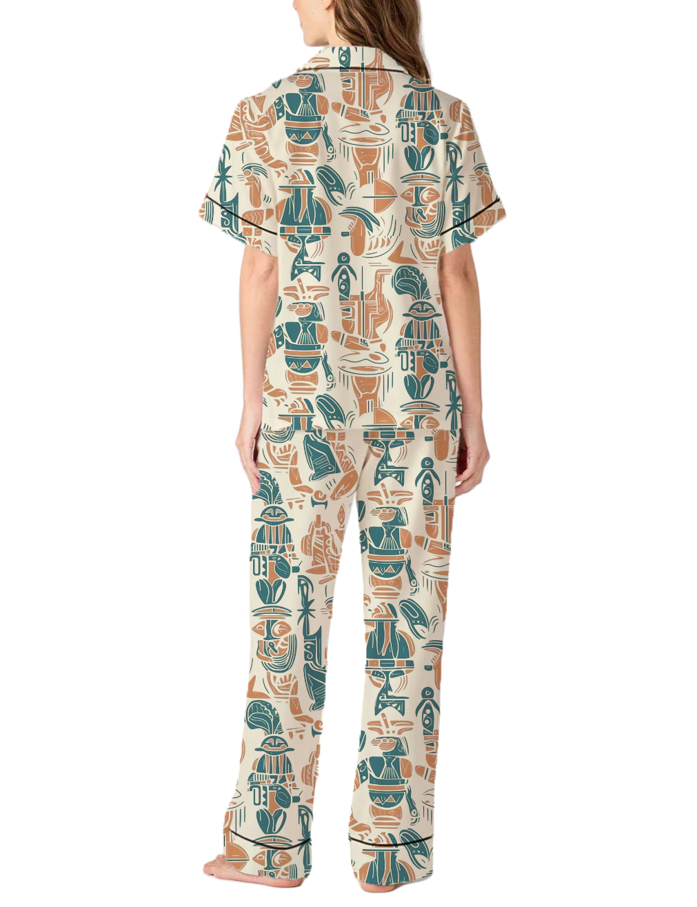 Aztecan Fingures Pattern Silky Satin Pajama Pants Set For Women