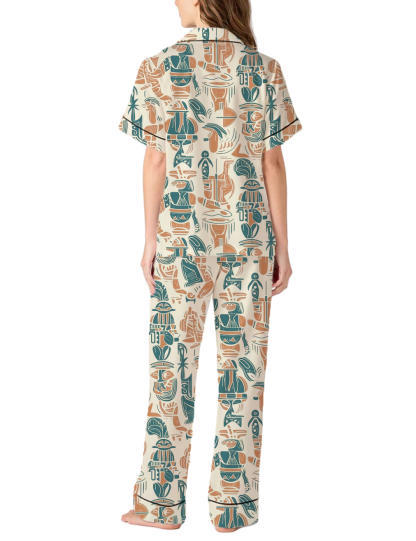 Aztecan Fingures Pattern Silky Satin Pajama Pants Set For Women
