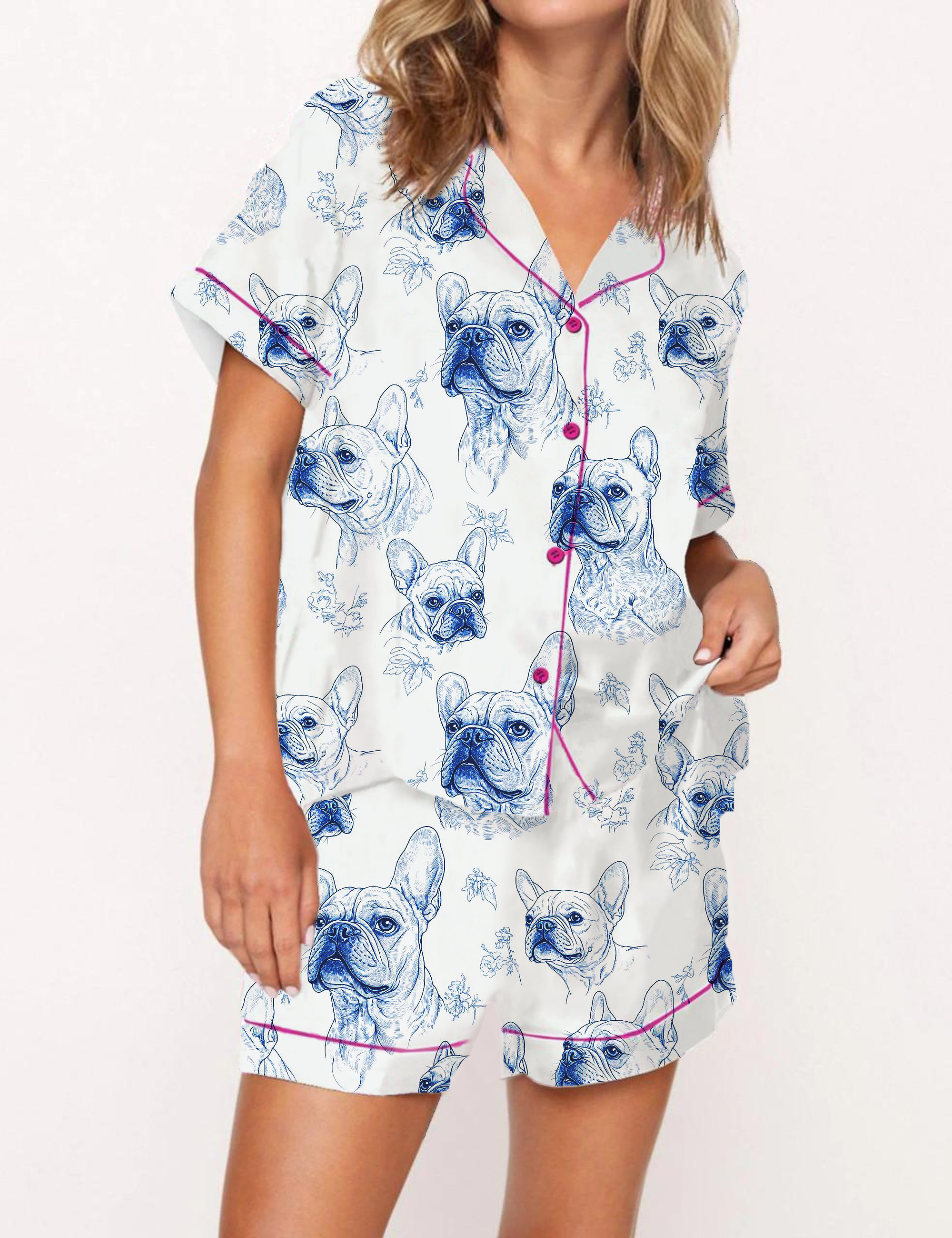 French Bulldogs Silky Satin Pajama Short Set For Women