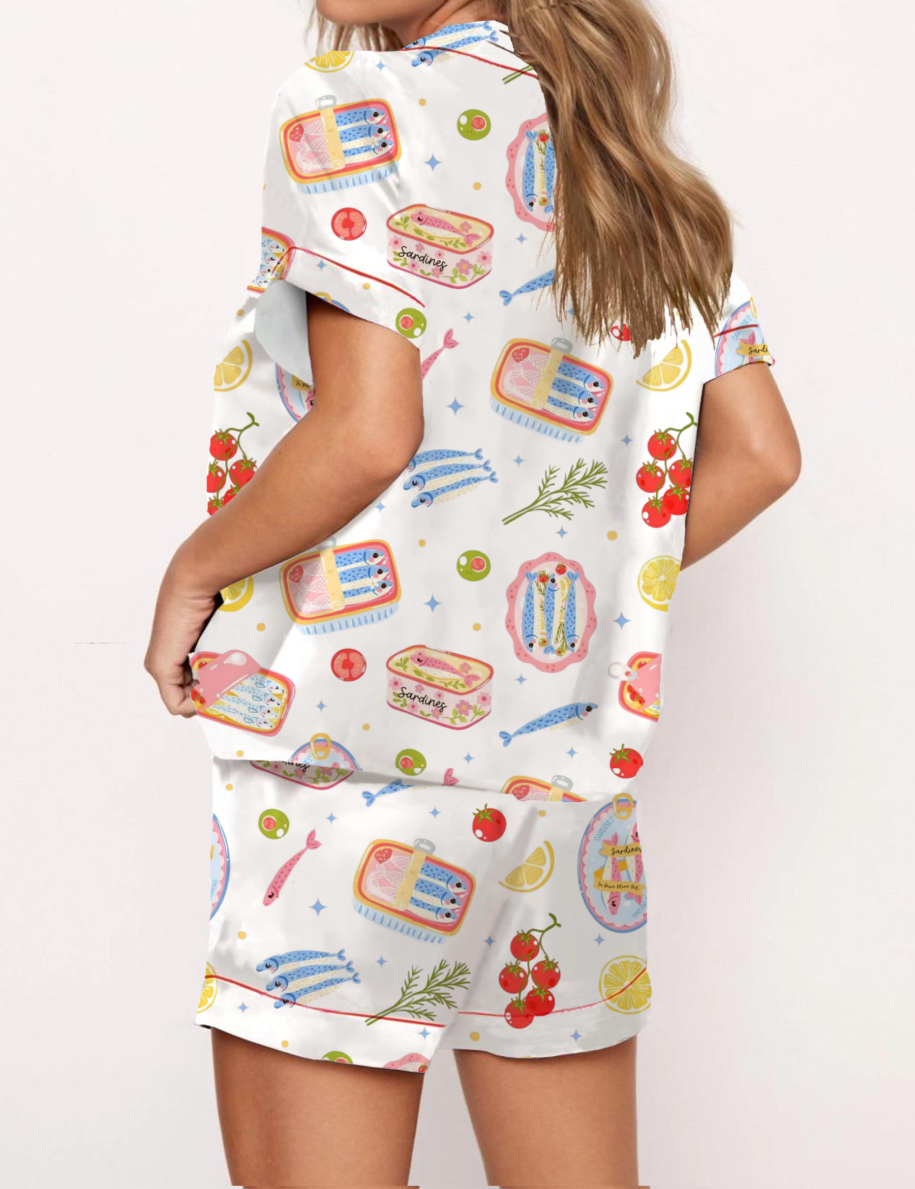 Cute Sardines Silky Satin Pajama Short Set For Women