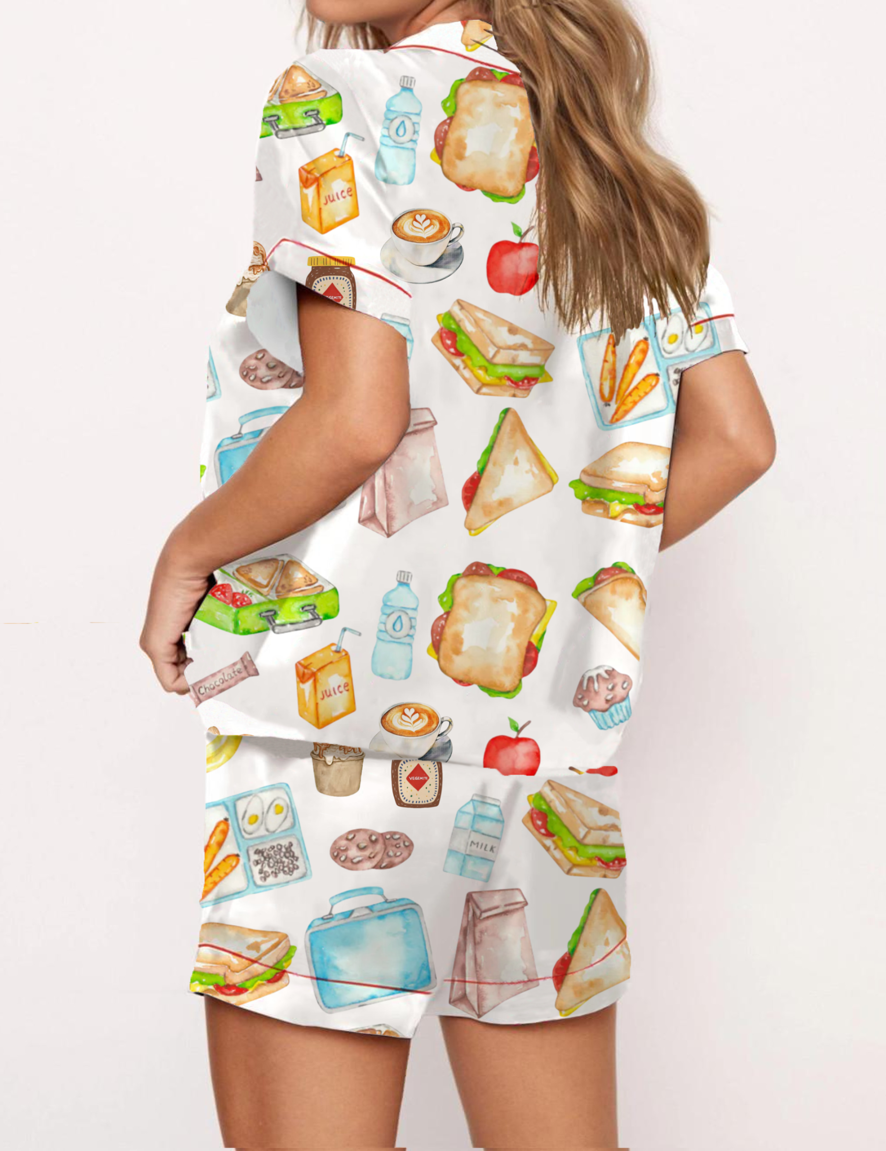 Lunch Food Silky Satin Pajama Short Set For Women