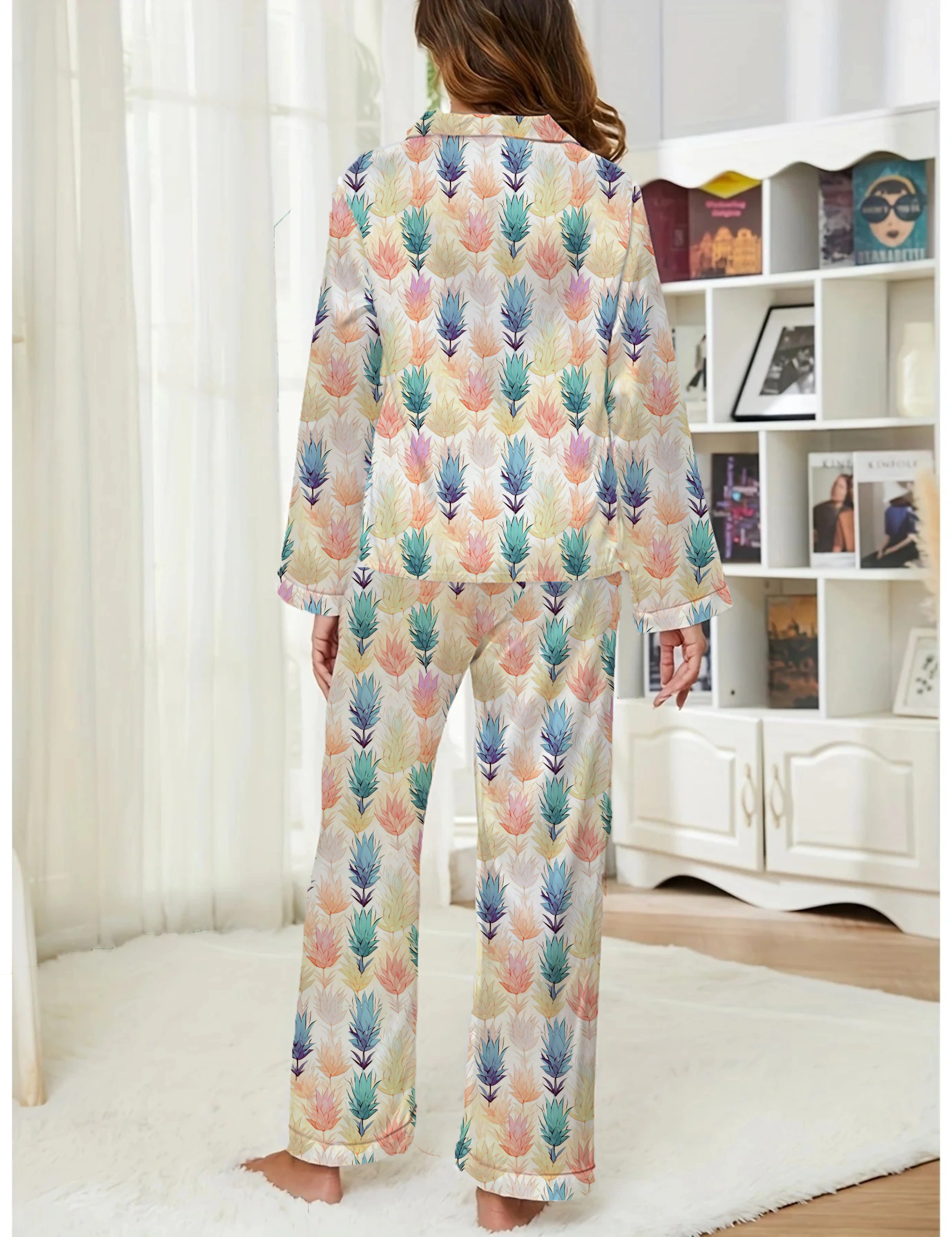 Puya Pattern Silky Satin Pajama Long Set