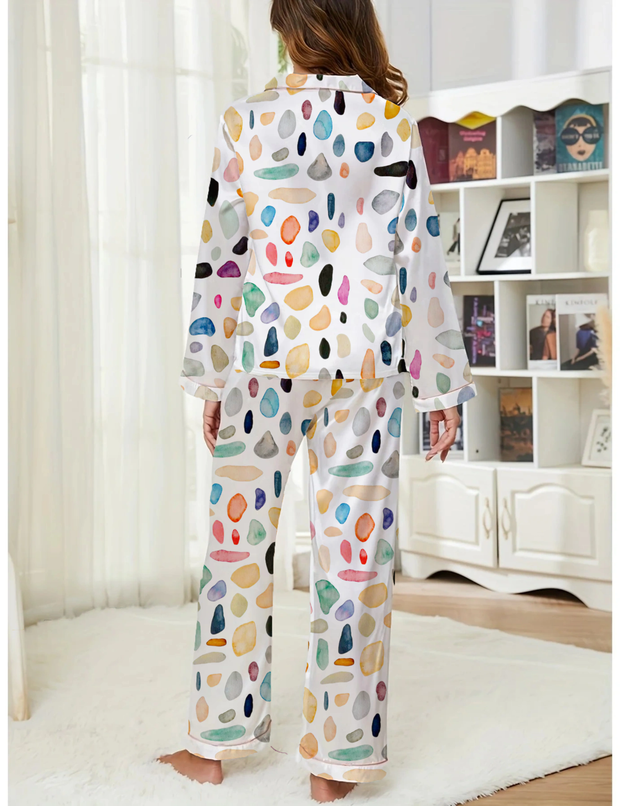 Ocean Pebbles Pattern Silky Satin Pajama Long Set