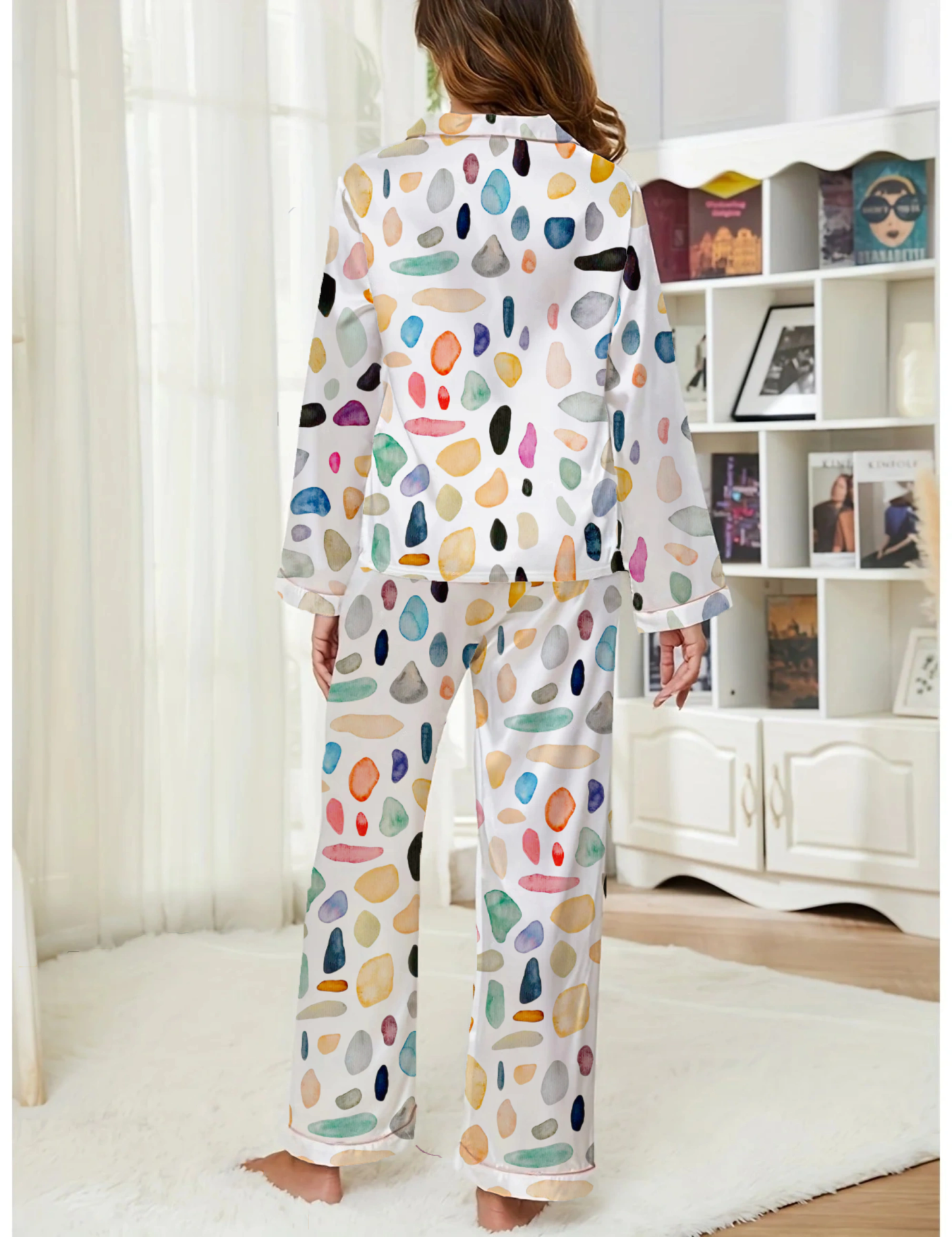 Ocean Pebbles Pattern Silky Satin Pajama Long Set