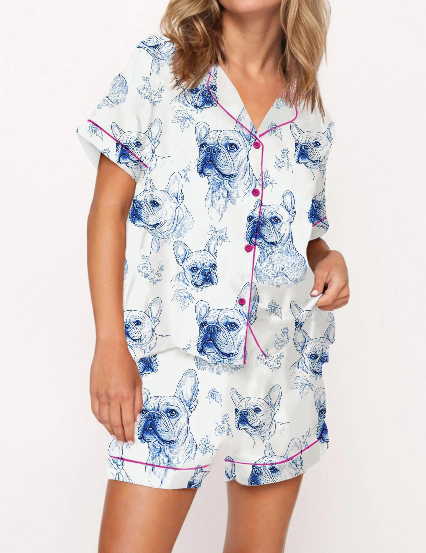 French Bulldogs Silky Satin Pajama Short Set For Women