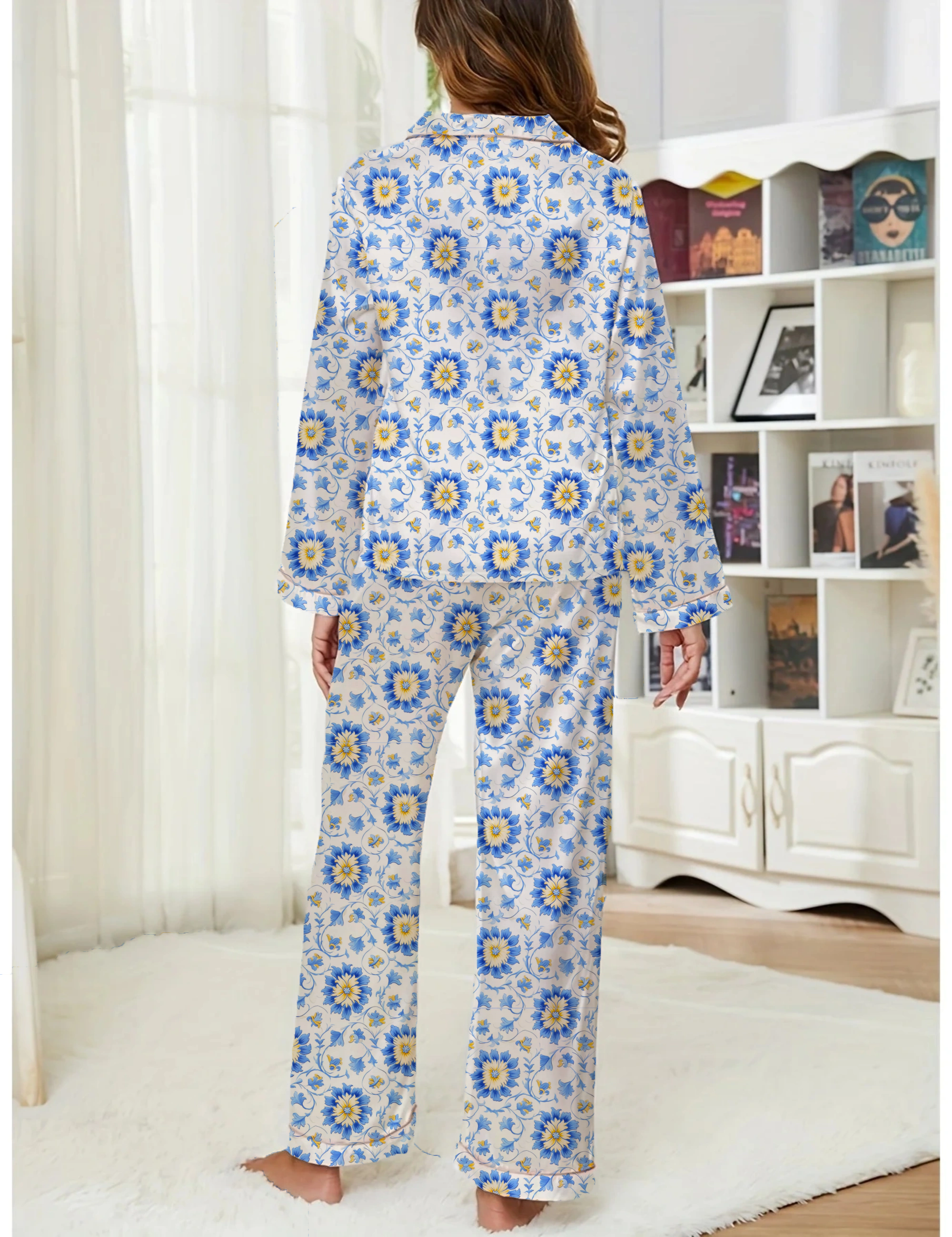 Mughal Style Pattern Silky Satin Pajama Long Set