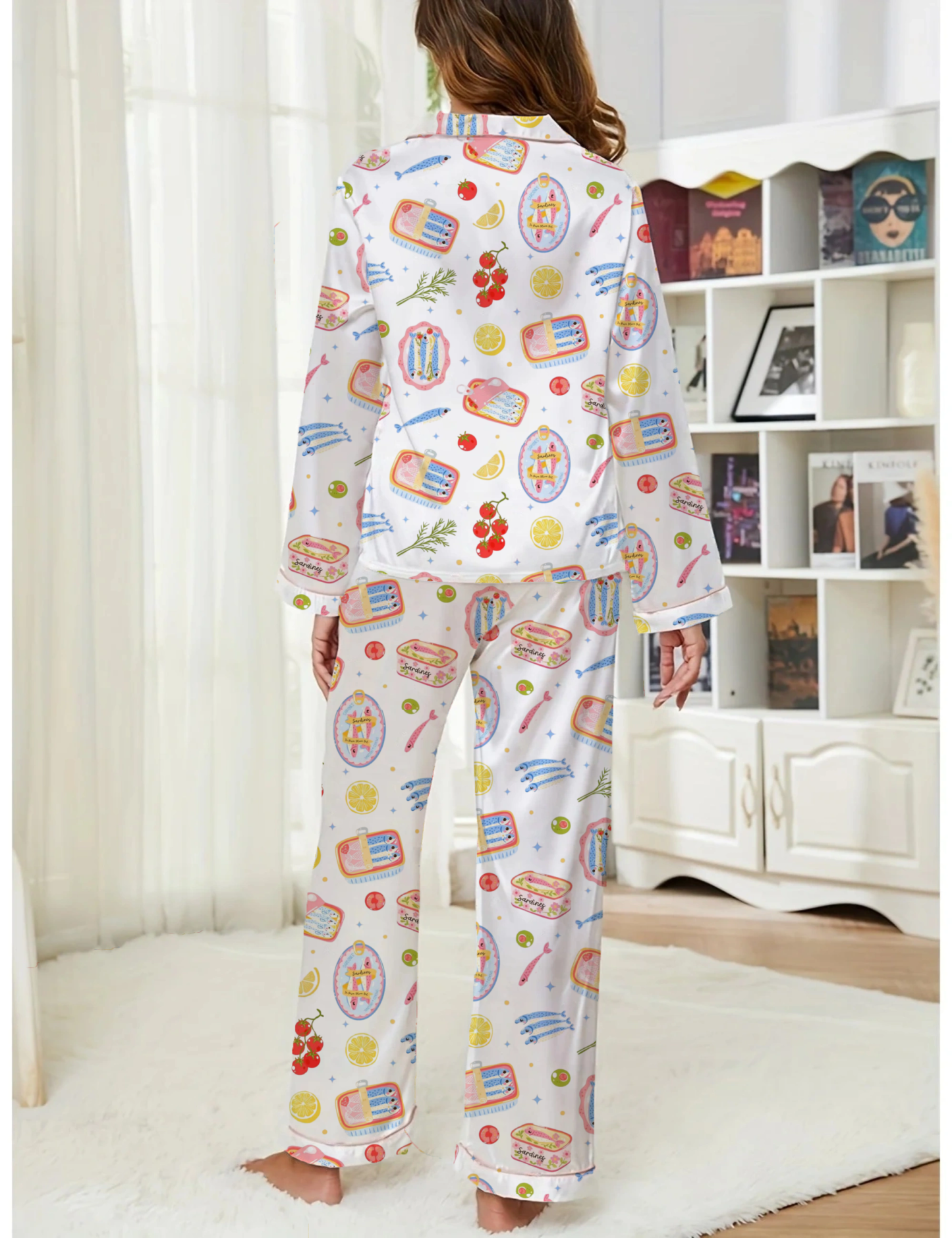 Cute Sardines Silky Satin Pajama Long Set