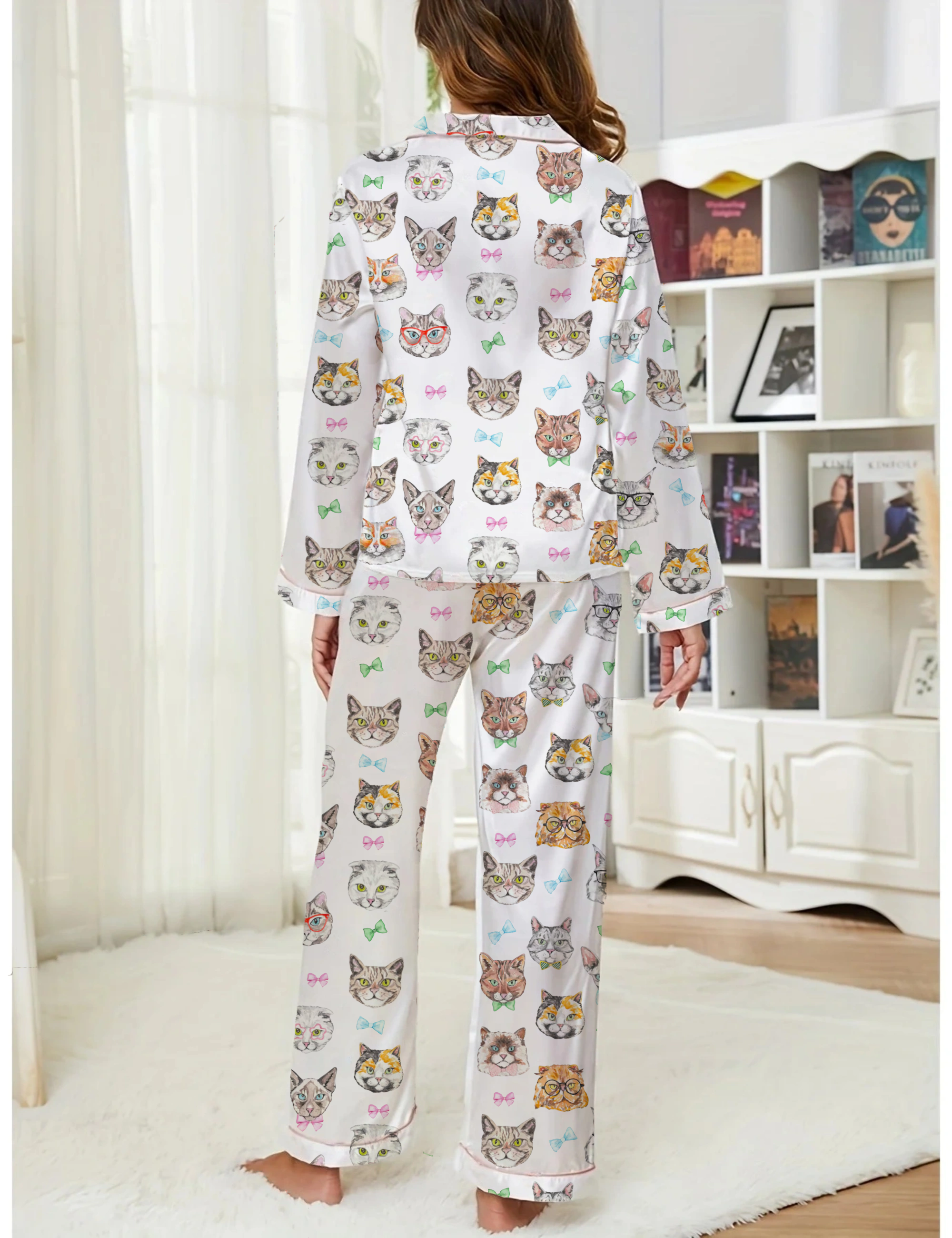 Coquette Bow Cat Silky Satin Pajama Long Set