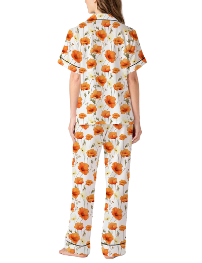 California State Flower Poppy Silky Satin Pajama Pants Set For Women