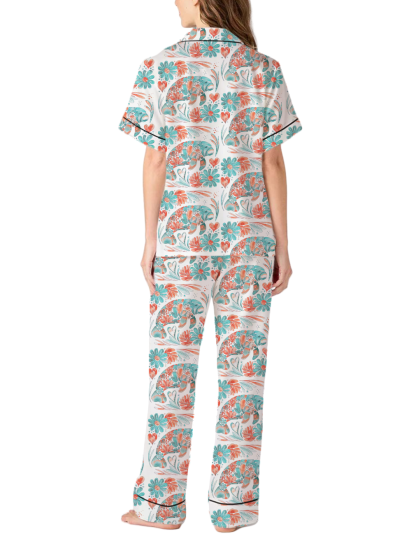 Boho Floral Manatee Silky Satin Pajama Pants Set For Women