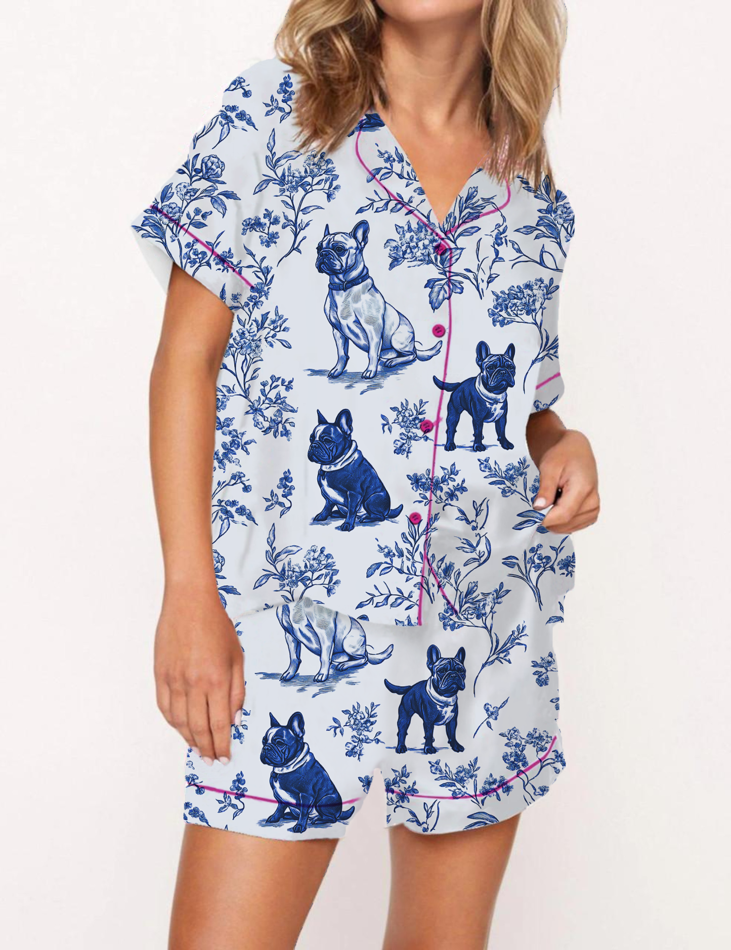 French Bulldogs Silky Satin Pajama Short Set For Women
