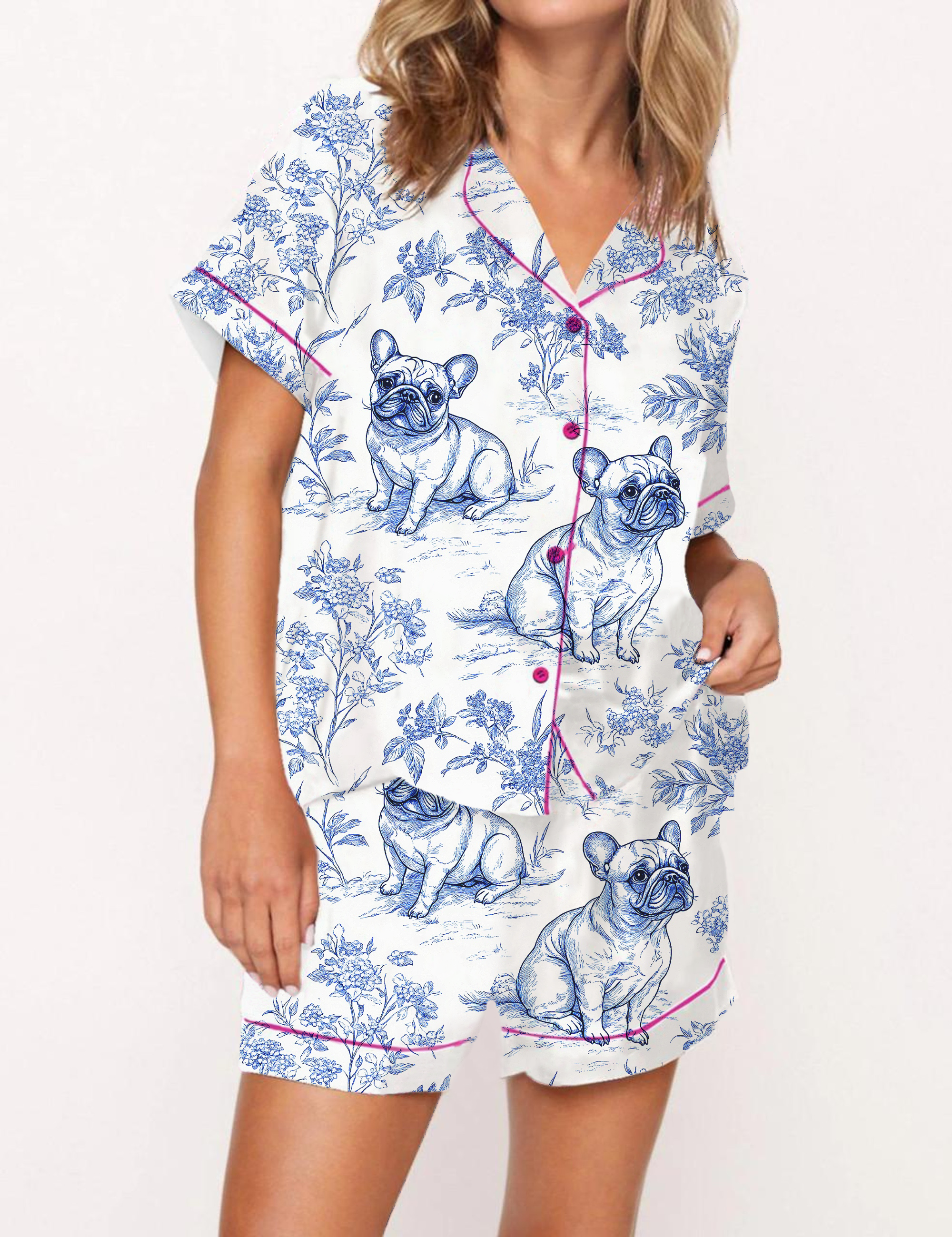 French Bulldogs Silky Satin Pajama Short Set For Women