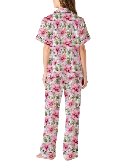 Lowa State Flower Wild Rose Silky Satin Pajama Pants Set For Women