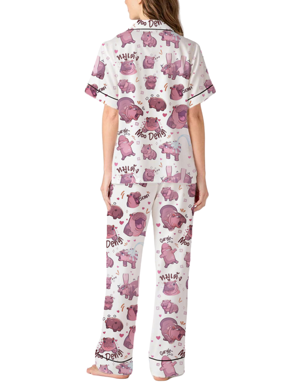 Moo Deng Baby Hippo Silky Satin Pajama Pants Set For Women