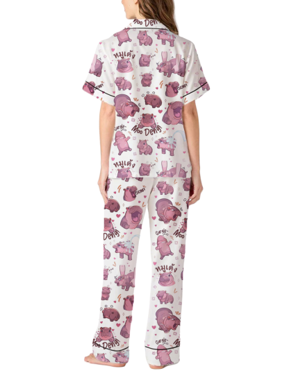 Moo Deng Baby Hippo Silky Satin Pajama Pants Set For Women