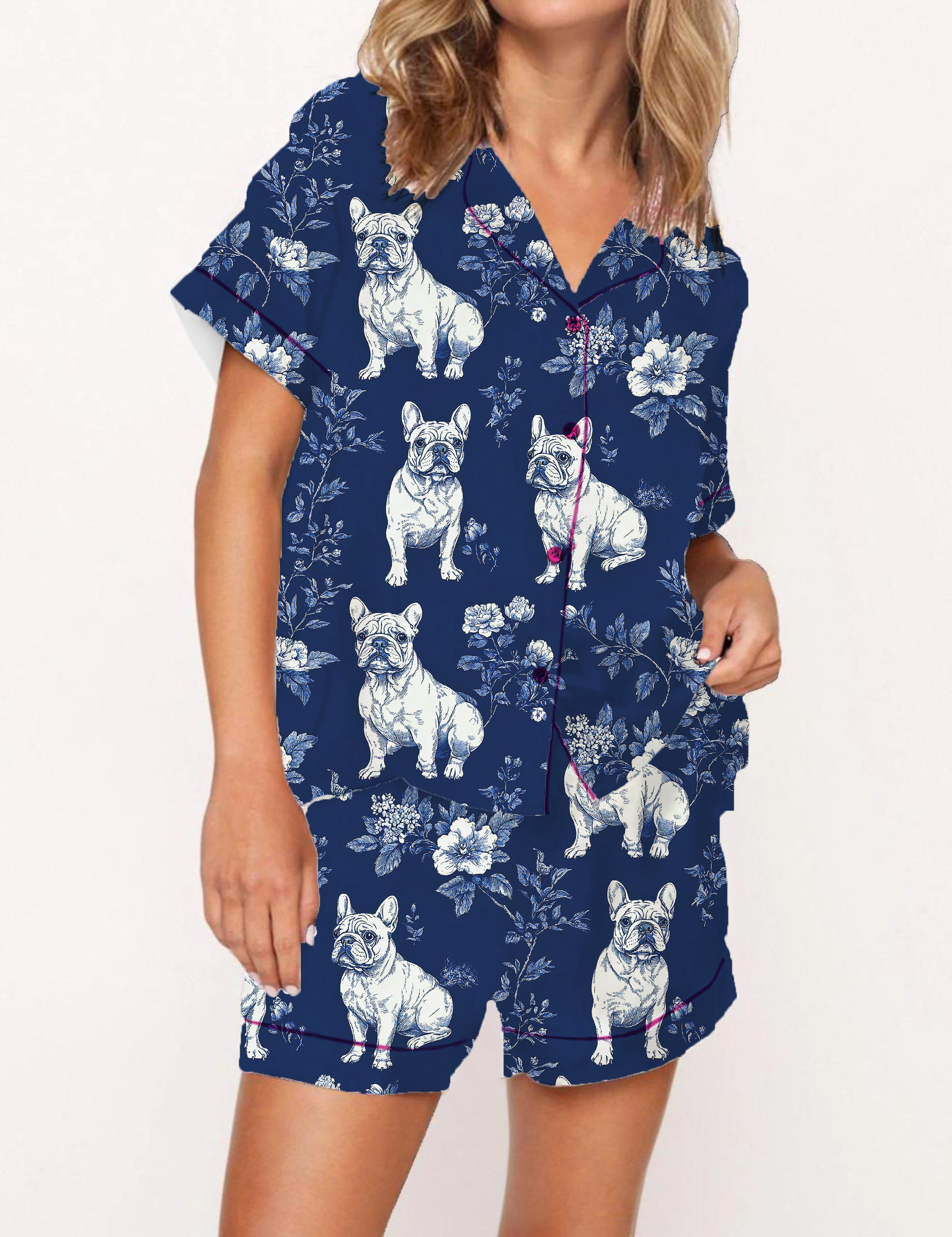 French Bulldogs Silky Satin Pajama Short Set For Women
