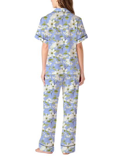 North Carolina State Flower Flowering Dogwood Silky Satin Pajama Pants Set For Women
