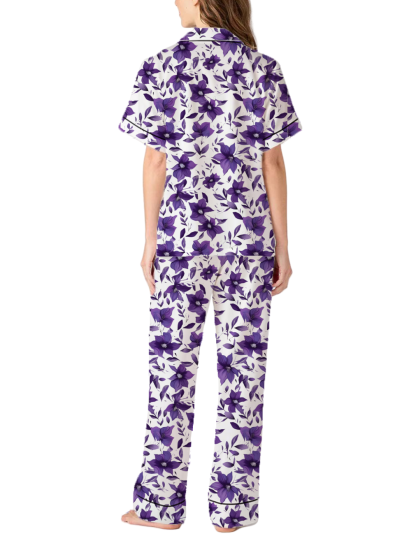 New Jersey State Flower Violet Silky Satin Pajama Pants Set For Women