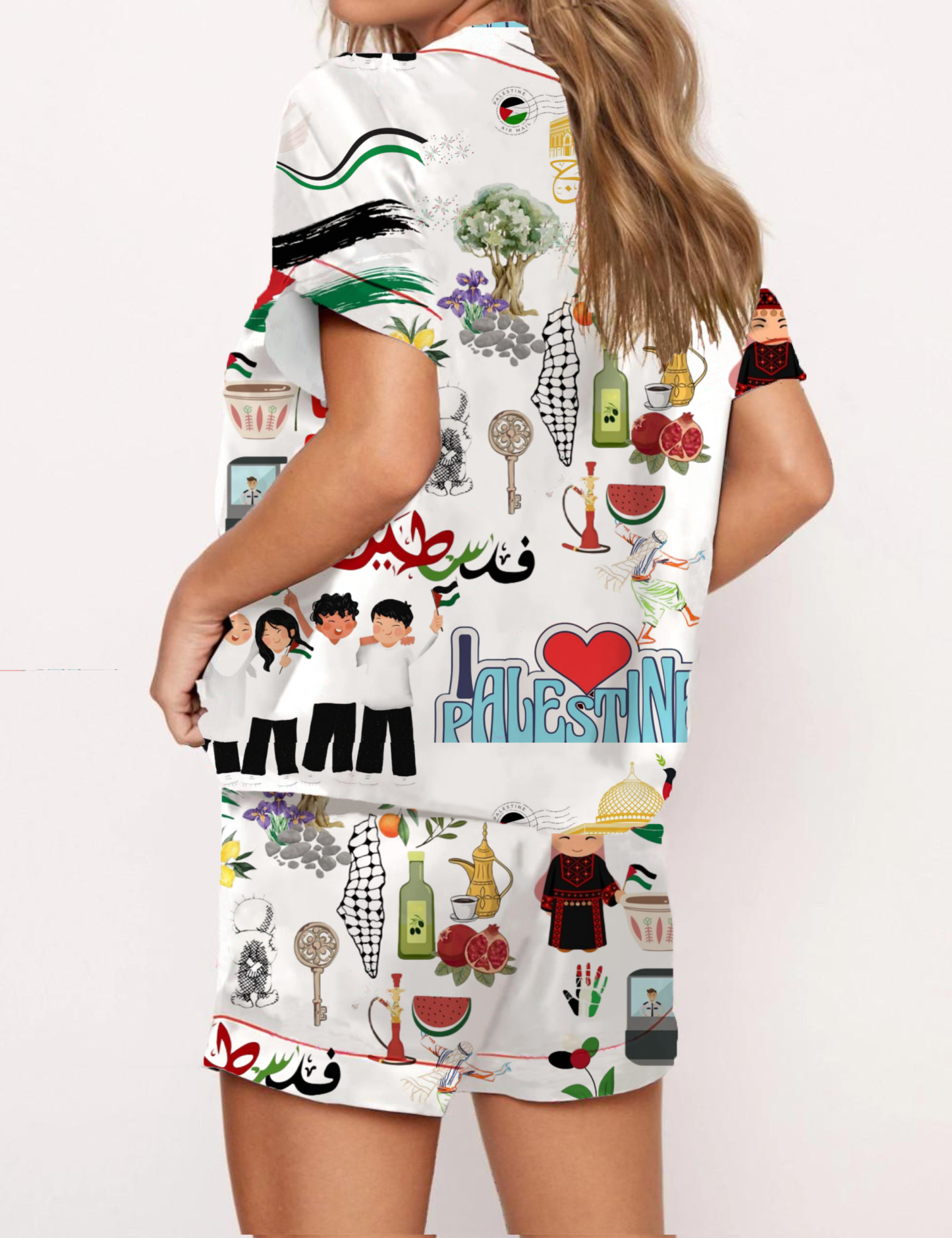 Palestine Silky Satin Pajama Short Set For Women