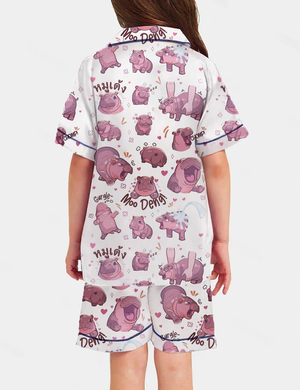 Moo Deng Baby Kid's Short Sleeve  Silky Satin Pajama Set 