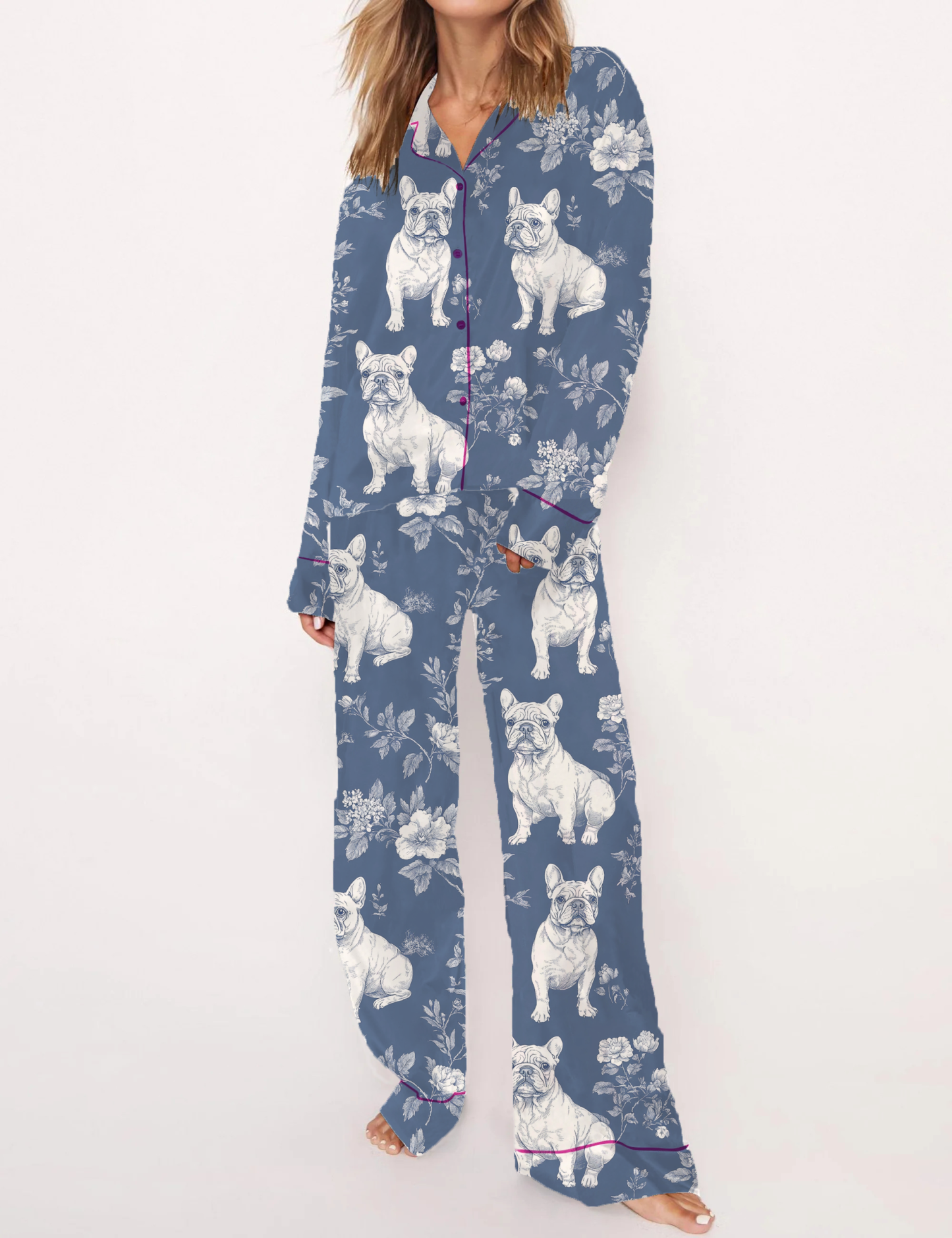 French Bulldogs Silky Satin Pajama Short Set For Women