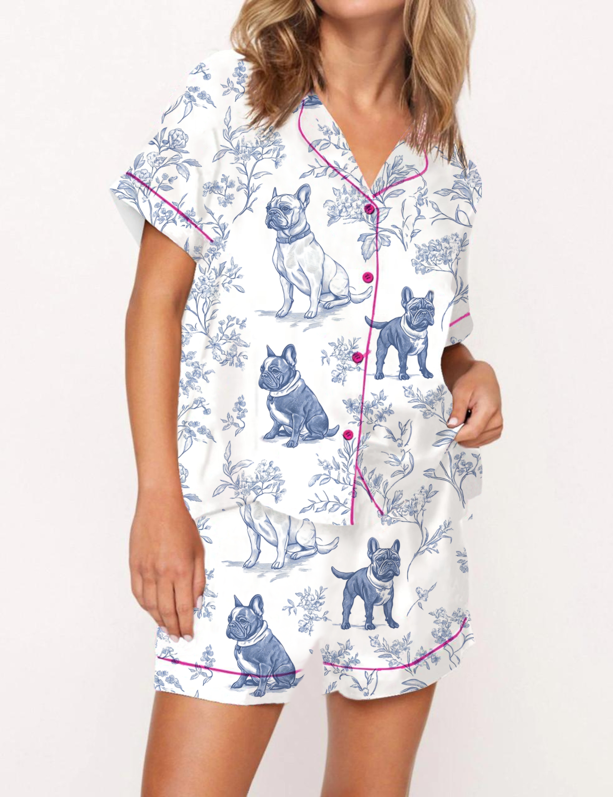 French Bulldogs Silky Satin Pajama Short Set For Women