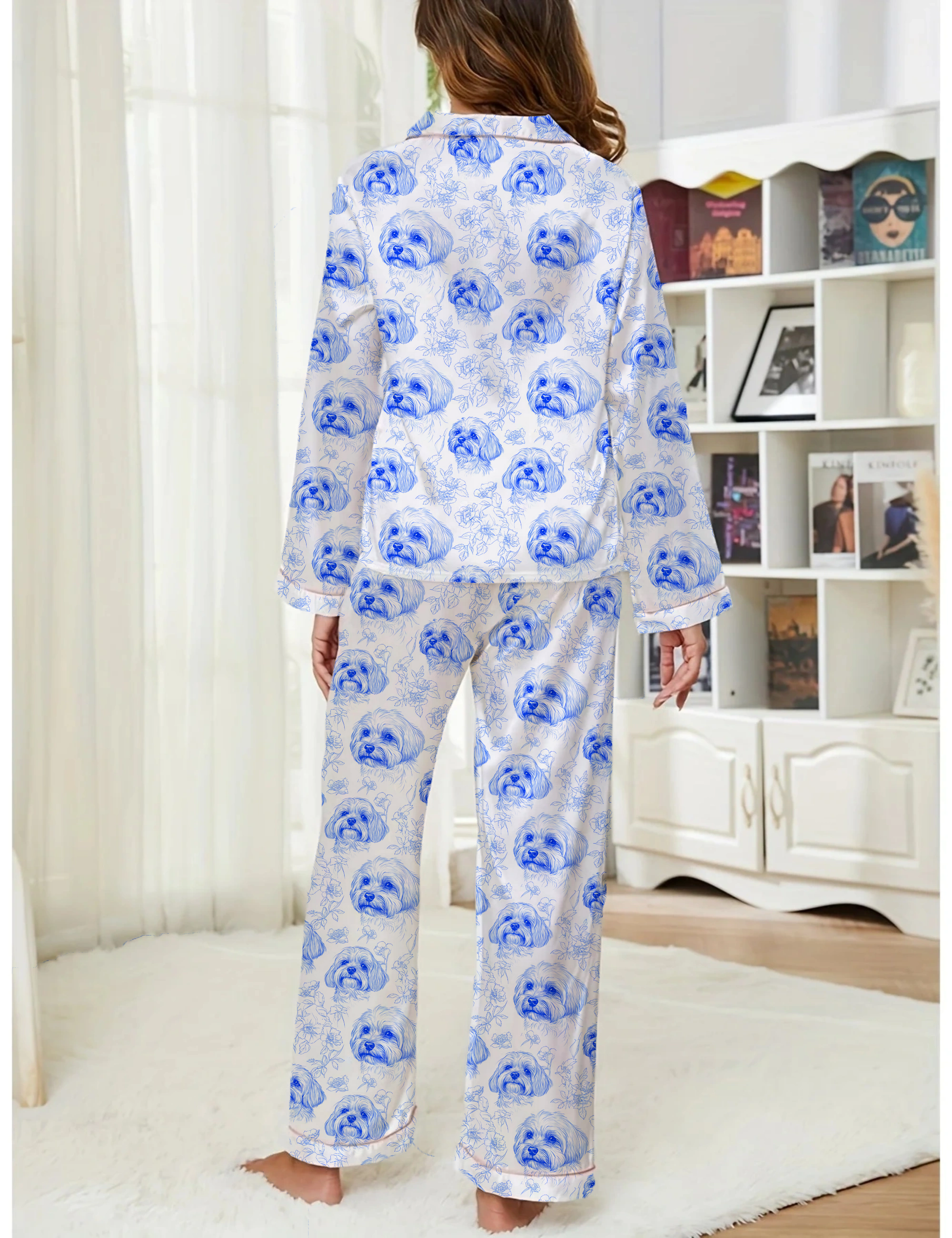 Maltese Toile Silky Satin Pajama Long Set