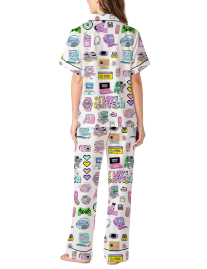 2000s Millennium Y2K Tech Retro 90s Silky Satin Pajama Pants Set For Women