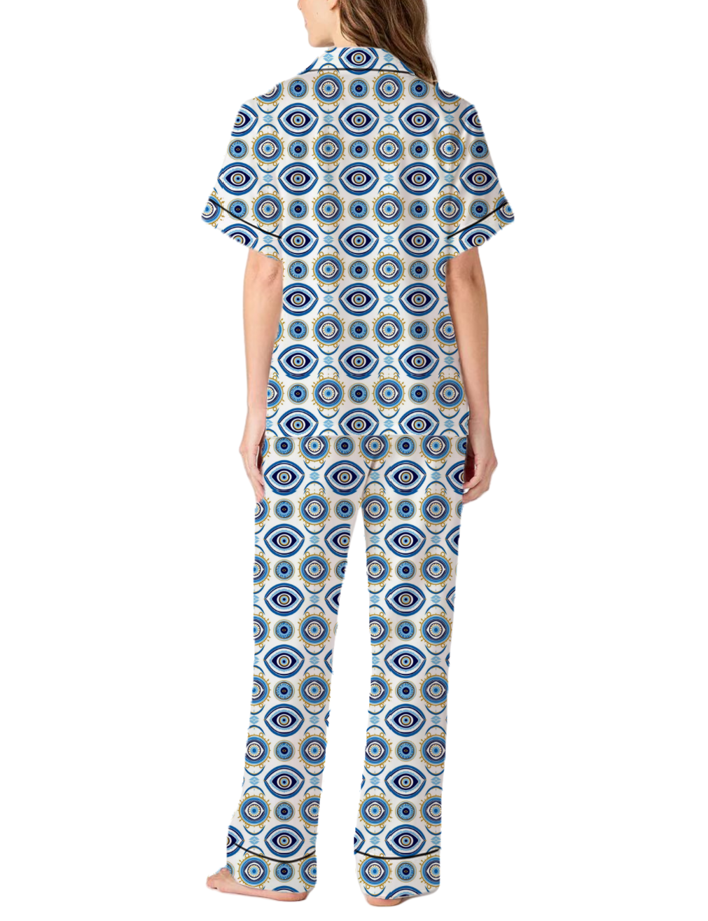Evil Eye Amulet Pattern Silky Satin Pajama Pants Set For Women