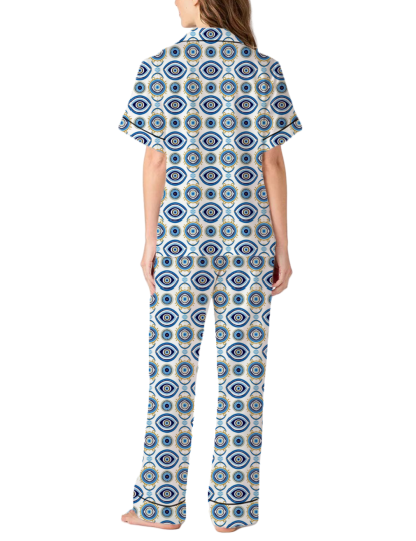 Evil Eye Amulet Pattern Silky Satin Pajama Pants Set For Women