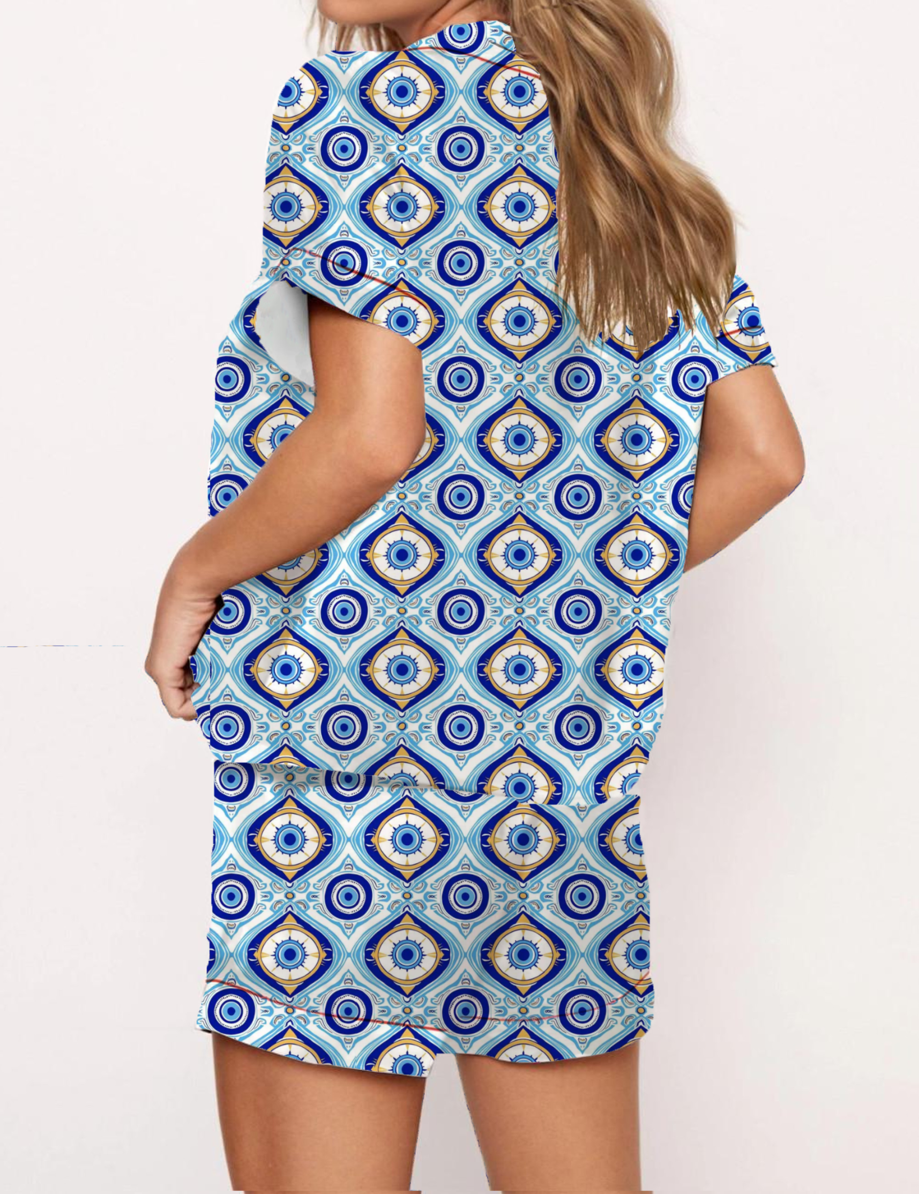 Evil Eye Amulet Pattern Silky Satin Pajama Short Set For Women