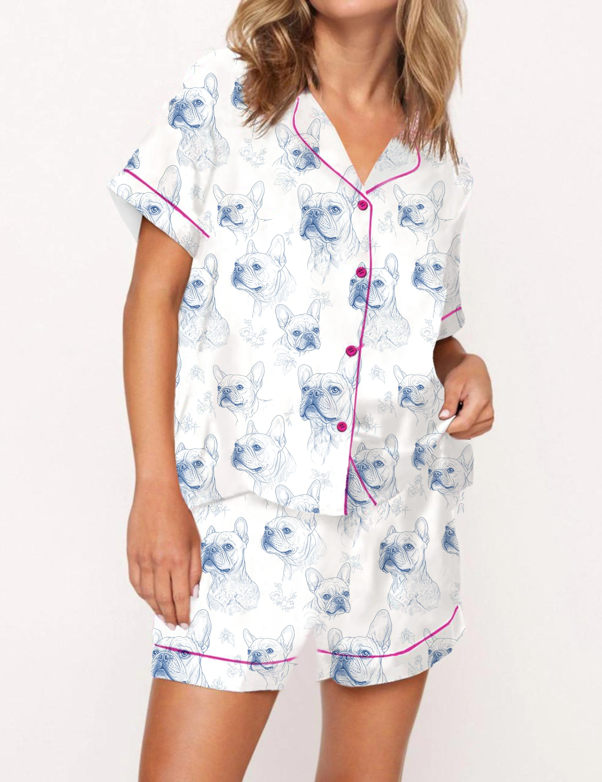 French Bulldogs Silky Satin Pajama Short Set For Women