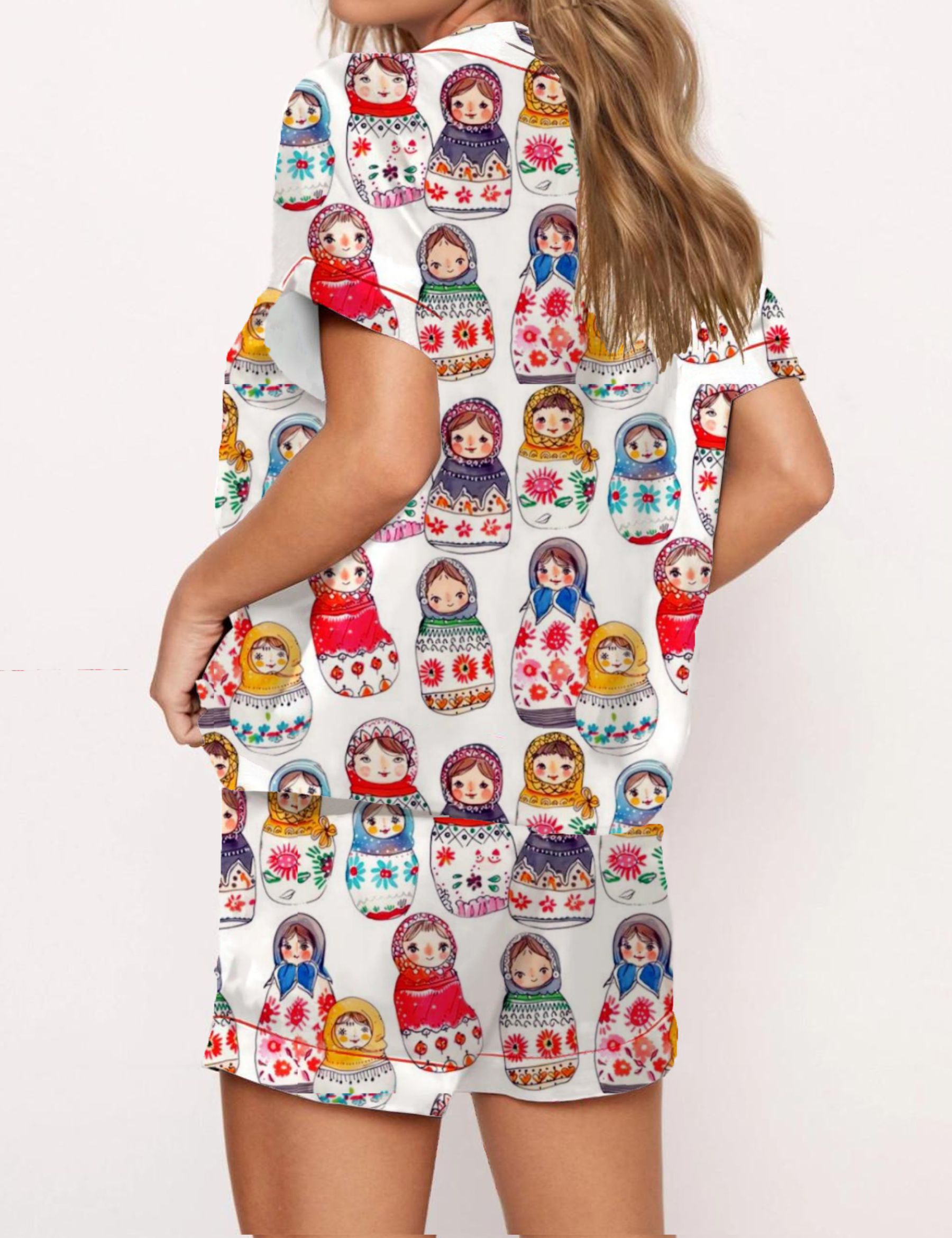 Matryoshka Doll Silky Satin Pajama Short Set For Women