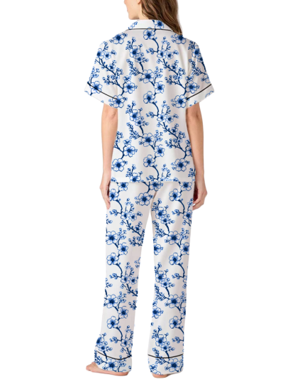 Plum Blossom Toile Silky Satin Pajama Pants Set For Women