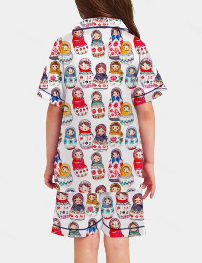 Matryoshka Doll Kid's Short Sleeve  Silky Satin Pajama Set 