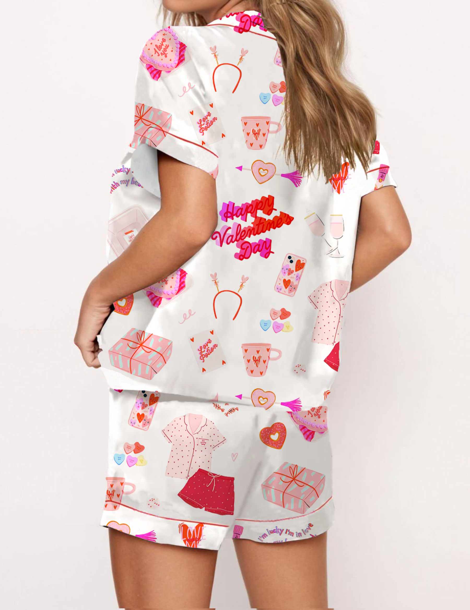 Valentine‘s Day Girl and Love Quotes Silky Satin Pajama Short Set For Women
