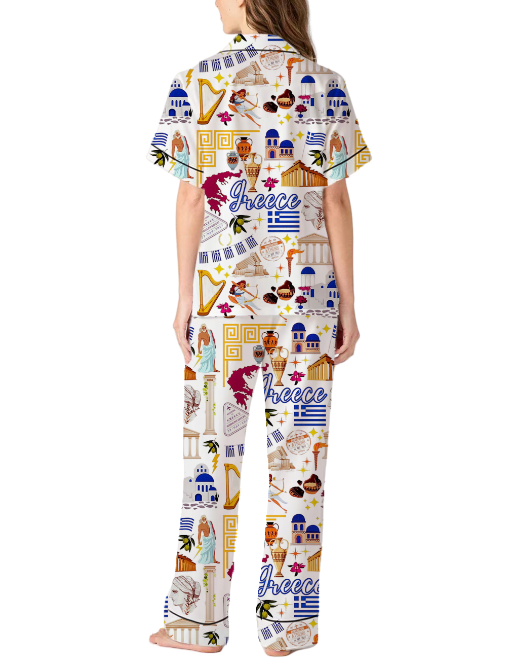 Greece Travel Silky Satin Pajama Pants Set For Women