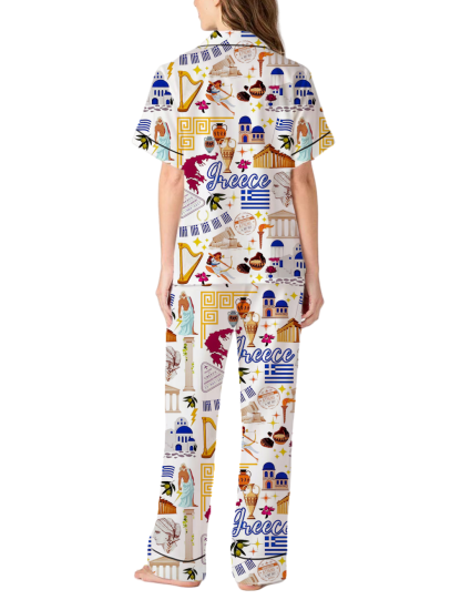 Greece Travel Silky Satin Pajama Pants Set For Women