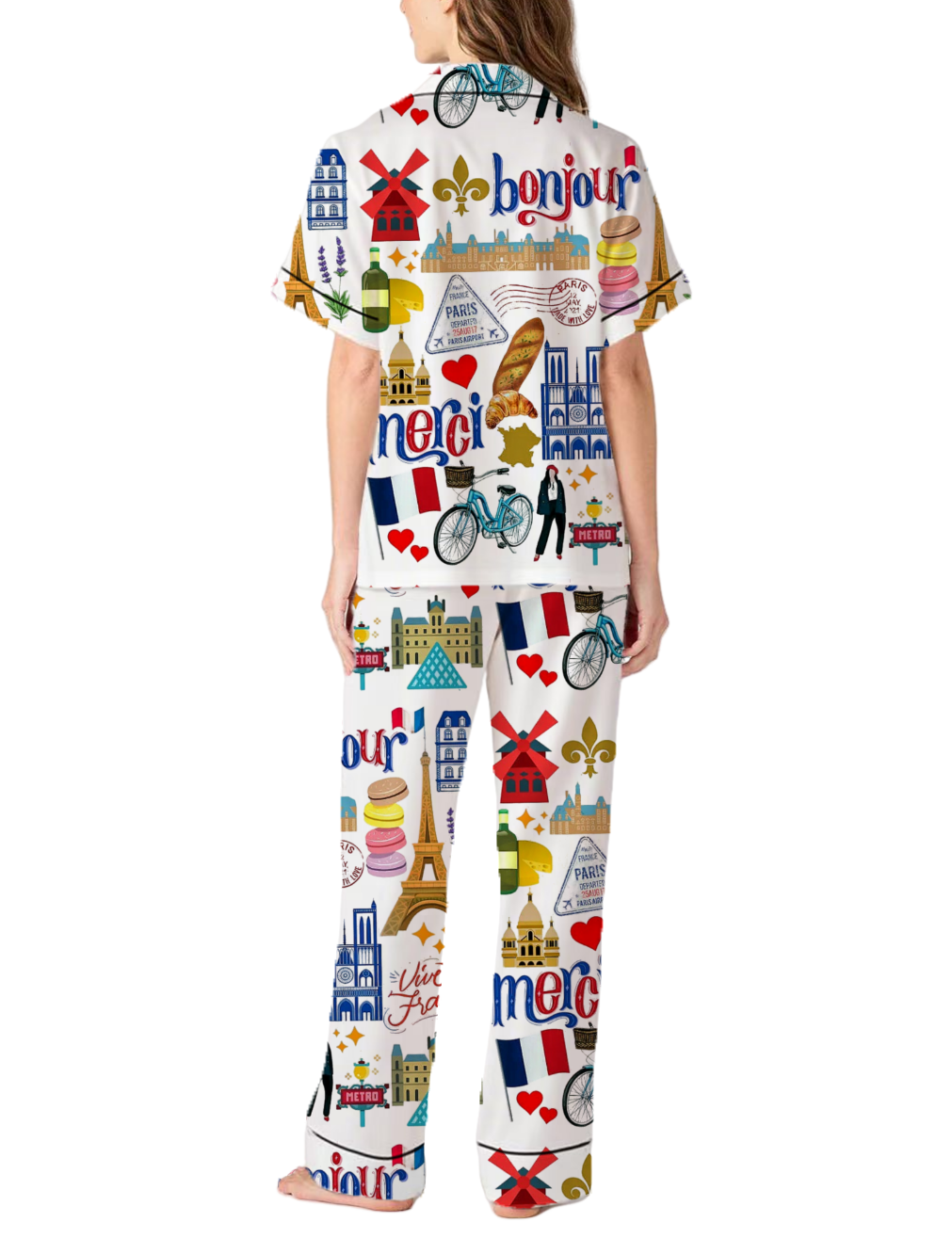 French Paris Themed Silky Satin Pajama Pants Set For Women