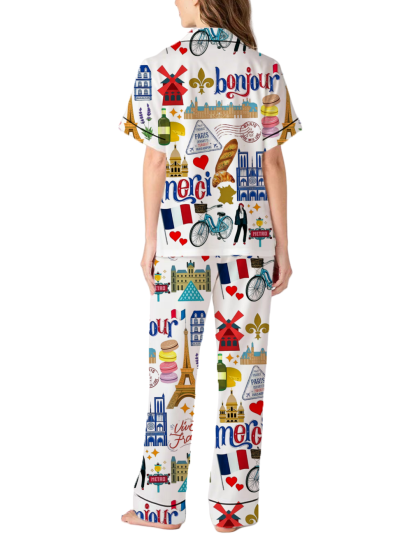 French Paris Themed Silky Satin Pajama Pants Set For Women