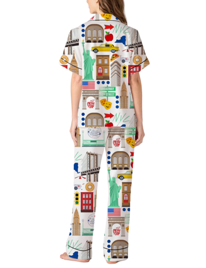 New York Landmarks Silky Satin Pajama Pants Set For Women